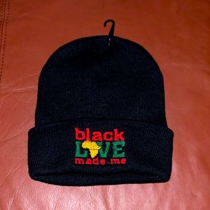 Black love made me unisex beanie with gold embroidered Africa.